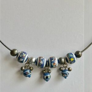 Vintage Choker Necklace Millefiori Bead Collar Blue White Murano Style Boho